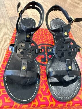 Tory Burch Black Leather Cutout Logo T-Strap Sandals Edna Demi Wedge